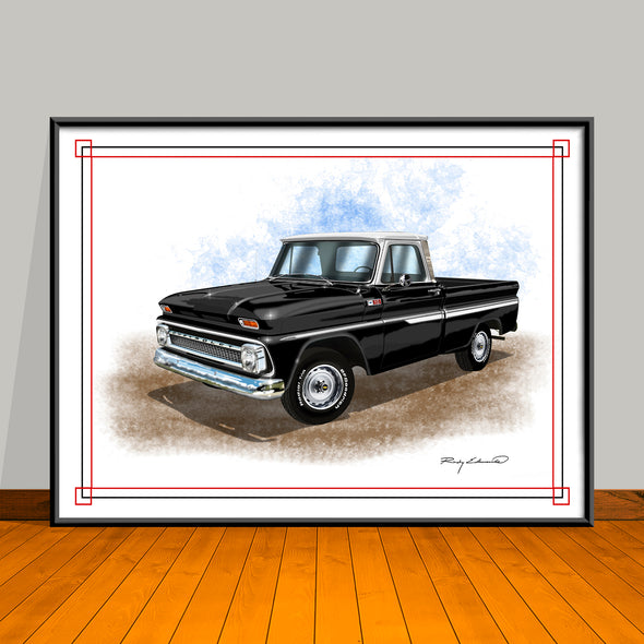 1960's Chevrolet C10 Pickup Truck Chrome Stripe and White Top Art Print - 18" X 24" UNFRAMED