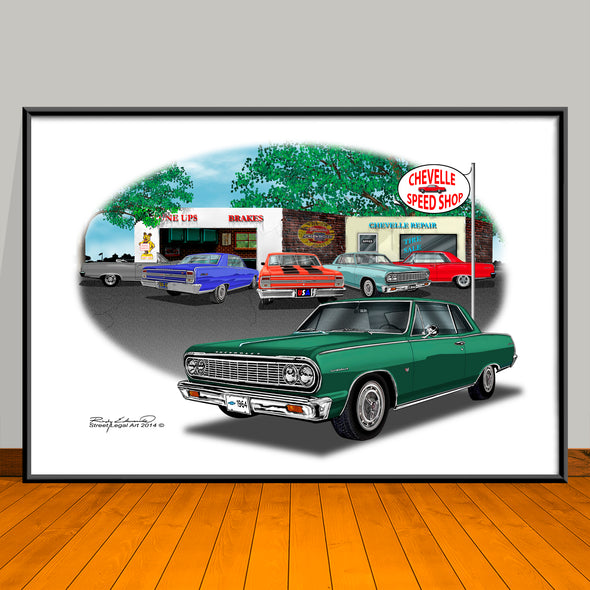 1964 Chevelle Malibu SS Speed Shop Muscle Car Art Print - 13" X 19" UNFRAMED