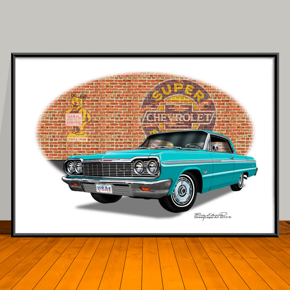 1964 Chevrolet Impala Brick Wall Car Art Print - 13" X 19" UNFRAMED
