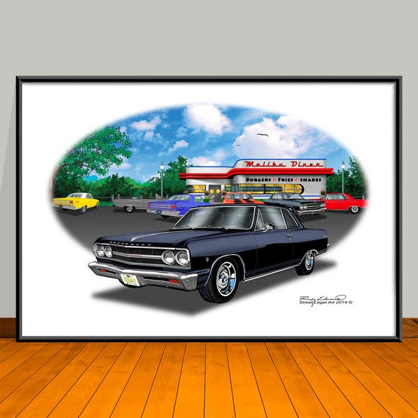 1965 Chevelle Malibu SS Diner Muscle Car Art Print - 13" X 19" UNFRAMED