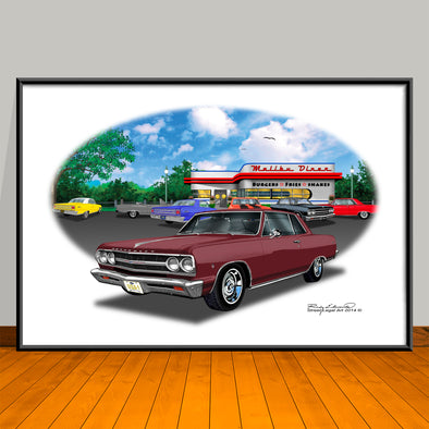 1965 Chevelle Malibu SS Diner Muscle Car Art Print - 13" X 19" UNFRAMED