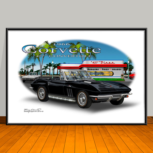 1966 Corvette Convertible Diner Car Art Print - 13" X 19" UNFRAMED