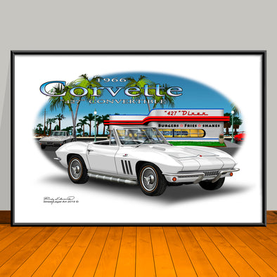 1966 Corvette Convertible Diner Car Art Print - 13" X 19" UNFRAMED