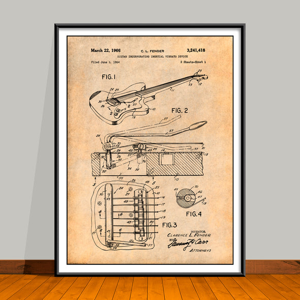 1966 Fender Guitar With Vibrato Device Patent Print - Unframed