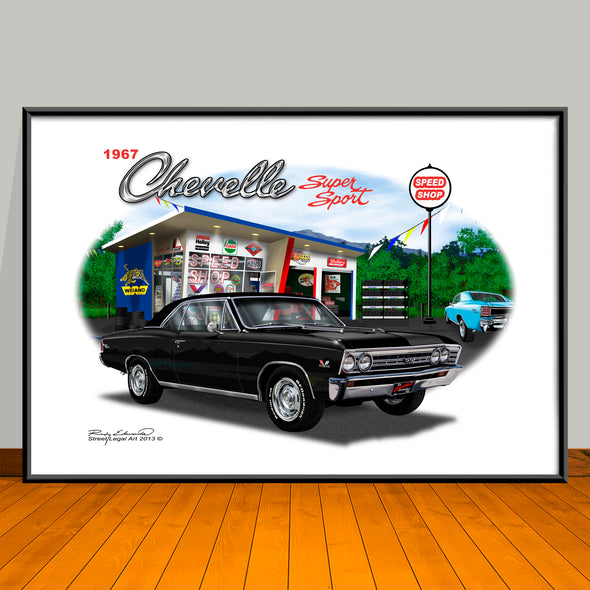 1967 Chevelle SS Black Top Speed Shop Muscle Car Art Print - 13" X 19" UNFRAMED