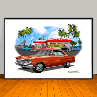 1967 Chevrolet Nova SS Diner Muscle Car Art Print 13" X 19" UNFRAMED