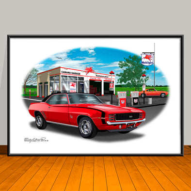 1969 Chevrolet Camaro RS SS 350 Muscle Car Art Print - Stripe & Vinyl Top Options - 13" X 19" UNFRAMED