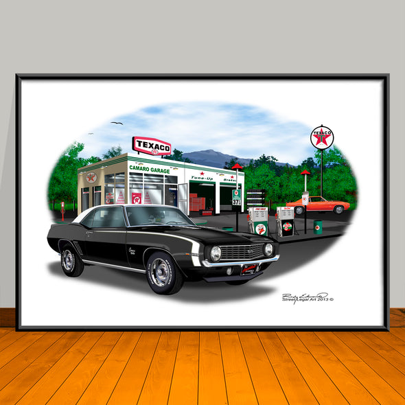 1969 Chevrolet Camaro SS 396 Muscle Car Art Print - Stripe & Vinyl Top Options - 13" X 19"