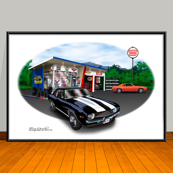1969 Chevrolet Camaro Z28  Speed Shop Muscle Car Art Print 13" X 19" Unframed