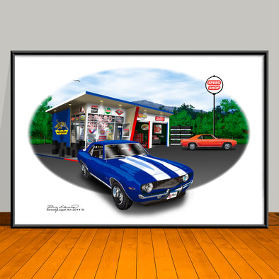 1969 Chevrolet Camaro Z28  Speed Shop Muscle Car Art Print 13" X 19" Unframed