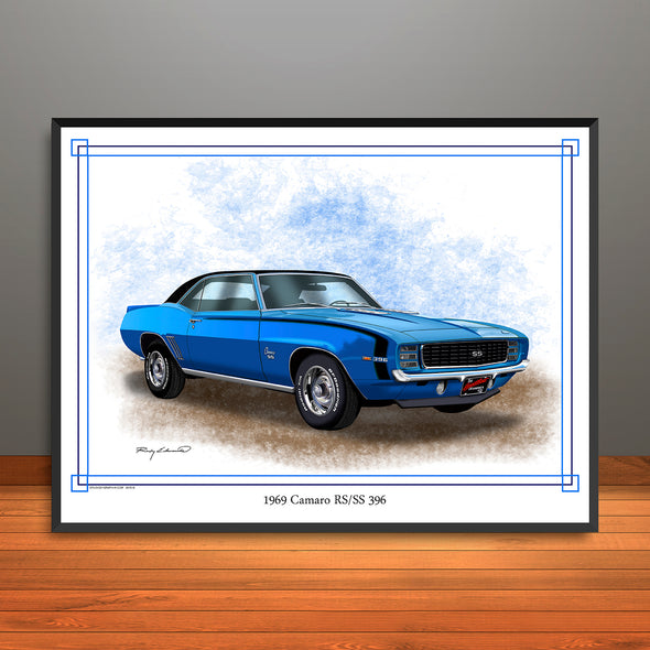 1969 Chevrolet Camaro RS SS 396 Muscle Car Art Print - Stripe & Vinyl Top Options - 18" X 24" UNFRAMED