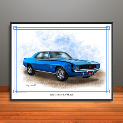 1969 Chevrolet Camaro RS SS 396 Muscle Car Art Print - Stripe Options - 18" X 24" UNFRAMED