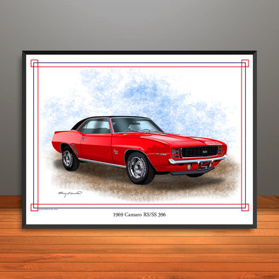 1969 Chevrolet Camaro RS SS 396 Muscle Car Art Print Vinyl Top Options 18" X 24" UNFRAMED
