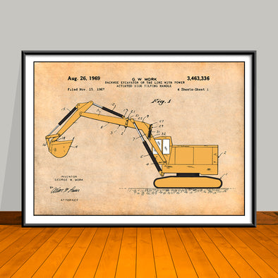 1969 Construction Backhoe Excavator Colorized Patent Print - UNFRAMED
