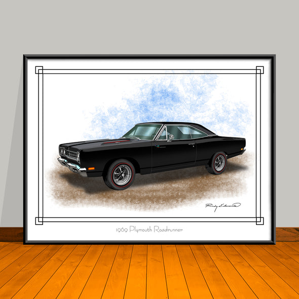 1969 Plymouth Roadrunner 383 Hood Stripes & Vinyl Top Muscle Car Art Print - 18" X 24" UNFRAMED