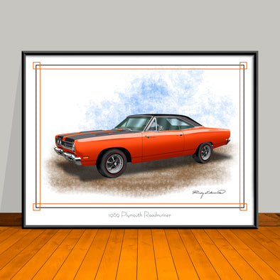 1969 Plymouth Roadrunner 383 Hood Stripes & Vinyl Top Muscle Car Art Print - 18" X 24" UNFRAMED