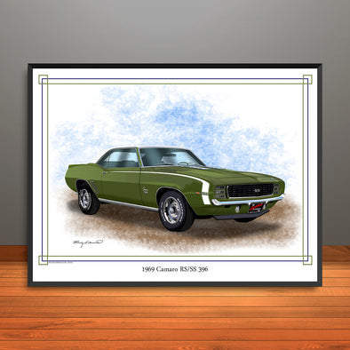 1969 Chevrolet Camaro RS SS 396 Muscle Car Art Print - Stripe & Vinyl Top Options - 18" X 24" UNFRAMED