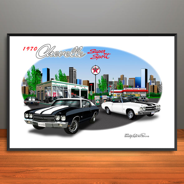 1970 Chevelle Super Sport City Garage Muscle Car Art Print - Stripe & Vinyl Top Options - 13" X 19" UNFRAMED