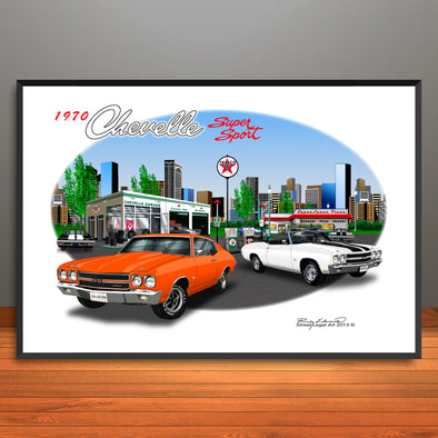 1970 Chevelle Super Sport City Garage Muscle Car Art Print - 13" X 19" UNFRAMED