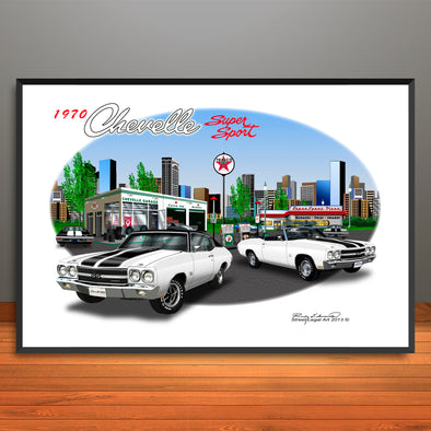 1970 Chevelle Super Sport City Garage Muscle Car Art Print - Stripe & Vinyl Top Options - 13" X 19" UNFRAMED