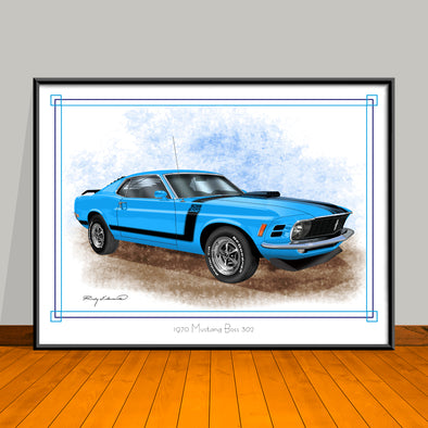 1970 Ford Mustang Boss 302 Muscle Car Art Print - 18" X 24" UNFRAMED
