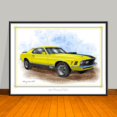 1970 Ford Mustang Mach 1 Muscle Car Art Print - 18" X 24" UNFRAMED