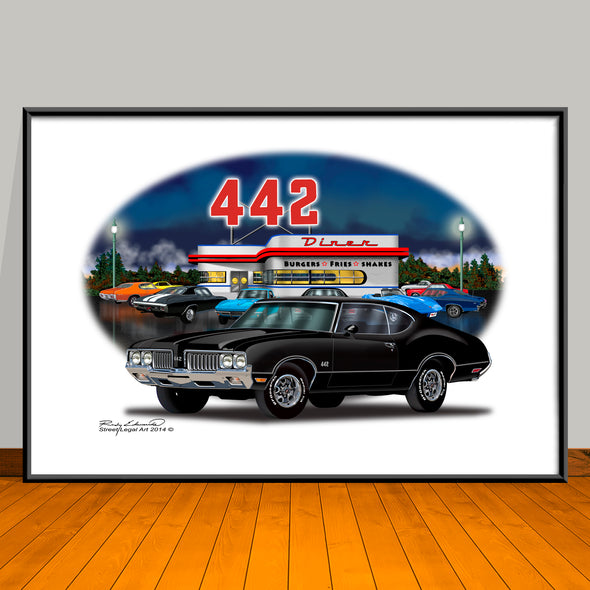 1970 Oldsmobile 442 Diner Muscle Car Art Print - 13" X 19" UNFRAMED