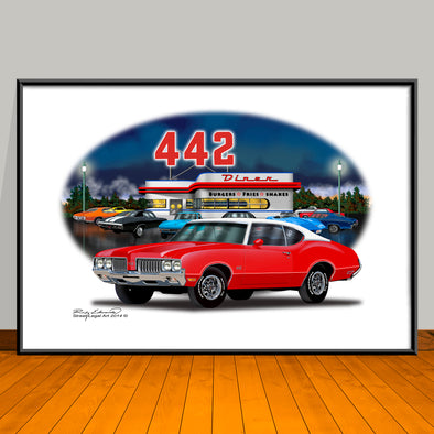 1970 Oldsmobile 442 Diner Vinyl Top Muscle Car Art Print - 13" X 19" UNFRAMED