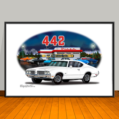 1970 Oldsmobile 442 Diner Muscle Car Art Print - 13" X 19" UNFRAMED