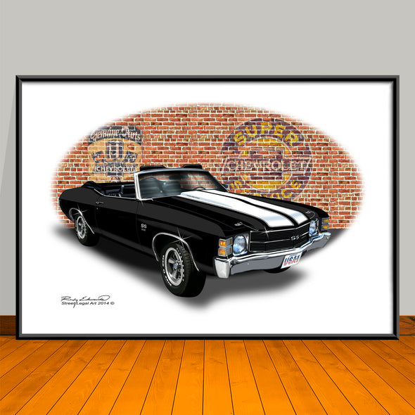 1971 Chevelle SS Convertible Black Muscle Car Art Print - 13" X 19" UNFRAMED