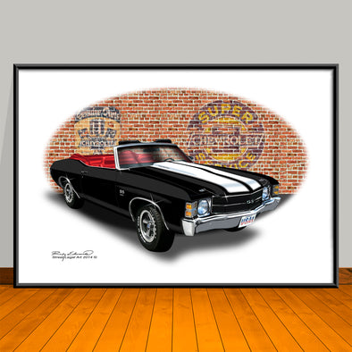 1971 Chevelle SS Convertible Black Muscle Car Art Print - 13" X 19" UNFRAMED