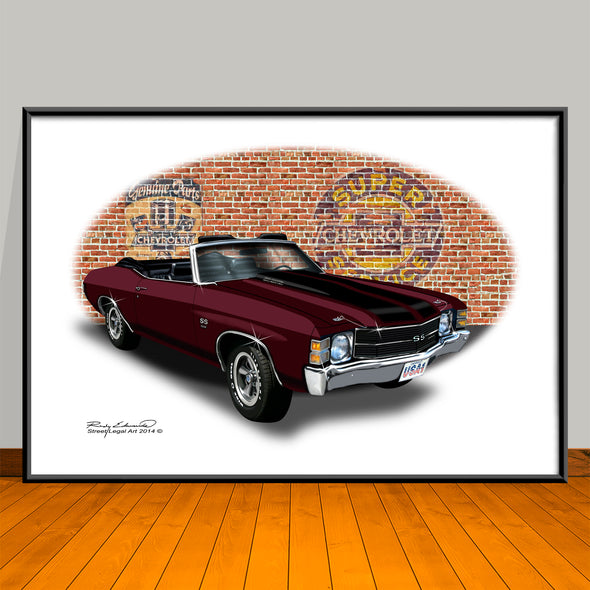 1971 Chevelle SS Convertible Black Cherry Muscle Car Art Print - 13" X 19" UNFRAMED
