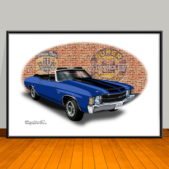 1971 Chevelle SS Convertible Dark Blue Muscle Car Art Print - 13" X 19" UNFRAMED