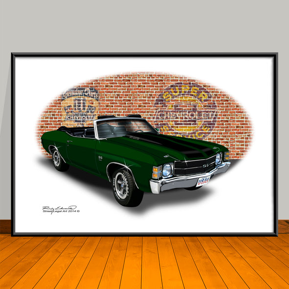 1971 Chevelle SS Convertible Dark Green Muscle Car Art Print - 13" X 19" UNFRAMED