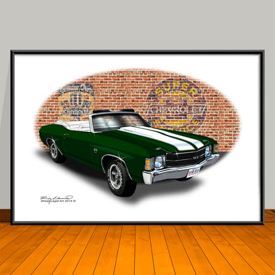 1971 Chevelle SS Convertible Dark Green Muscle Car Art Print - 13" X 19" UNFRAMED