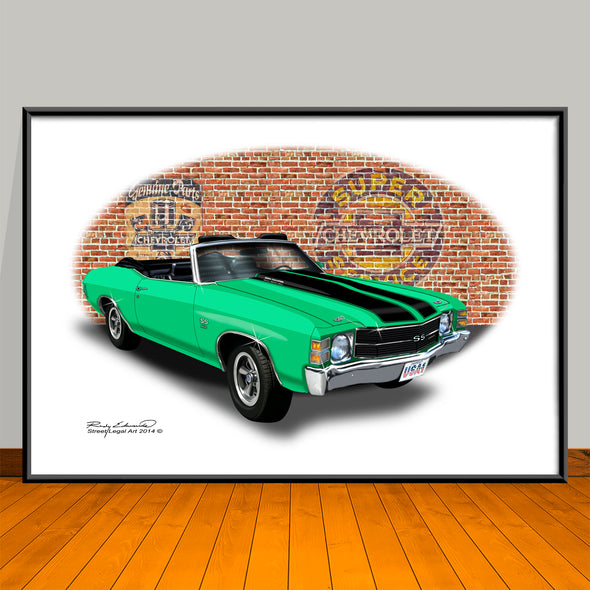 1971 Chevelle SS Convertible Light Green Muscle Car Art Print - 13" X 19" UNFRAMED