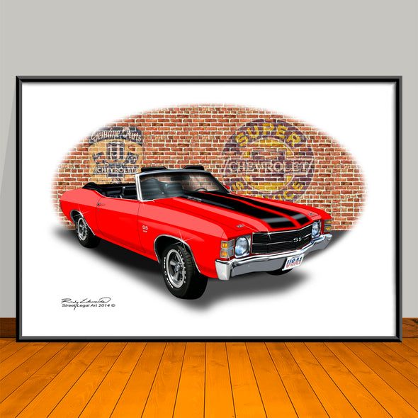 1971 Chevelle SS Convertible Red Muscle Car Art Print - 13" X 19" UNFRAMED