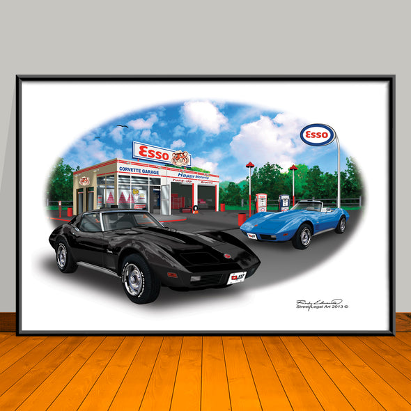 1974 Chevrolet Corvette Esso Garage Car Art Print - 13" X 19" UNFRAMED