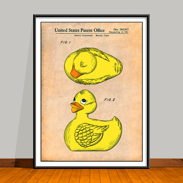 1981 Bendy Toys Colorized Rubber Ducky Patent Print - UNFRAMED