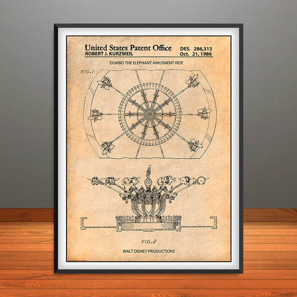 1986 Disney Dumbo Elephant Ride Patent Print - Unframed
