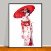 artwork of a woman in a red and white kimono with a red umbrella on a gray wall.