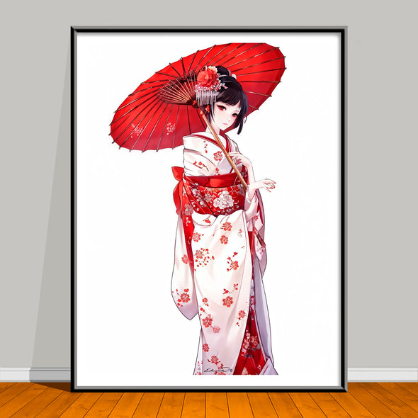 artwork of a woman in a red and white kimono with a red umbrella on a gray wall.
