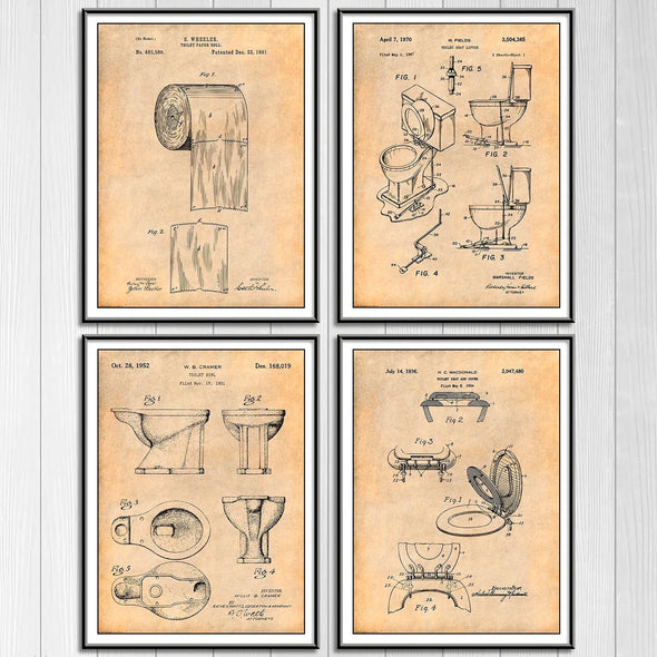 Bathroom Invention drawings set of four patents all on an antique paper background, unframed art prints.