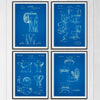 Bathroom Invention drawings set of four patents all on a blueprint background, unframed art prints.