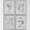 Bathroom Invention drawings set of four patents all on a gray background, unframed art prints.
