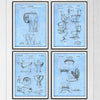 Bathroom Invention drawings set of four patents all on a light blue background, unframed art prints.