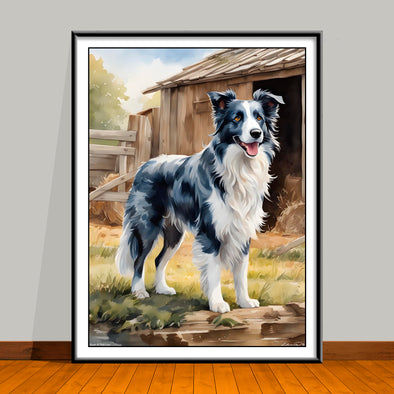 Watercolor-Style portrait of a Blue Merle Border Collie standing in a barn setting, unframed art print.
