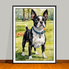 Watercolor-Style portrait of a Boston Terrier standing in a park setting, unframed art print.