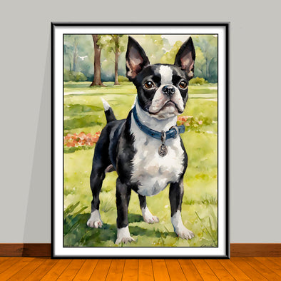 Watercolor-Style portrait of a Boston Terrier standing in a park setting, unframed art print.
