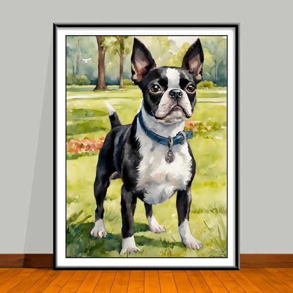 Watercolor-Style portrait of a Boston Terrier standing in a park setting, unframed art print.
